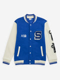 Y&F Kids Blue Text Printed Cotton-Blend Varsity Jacket