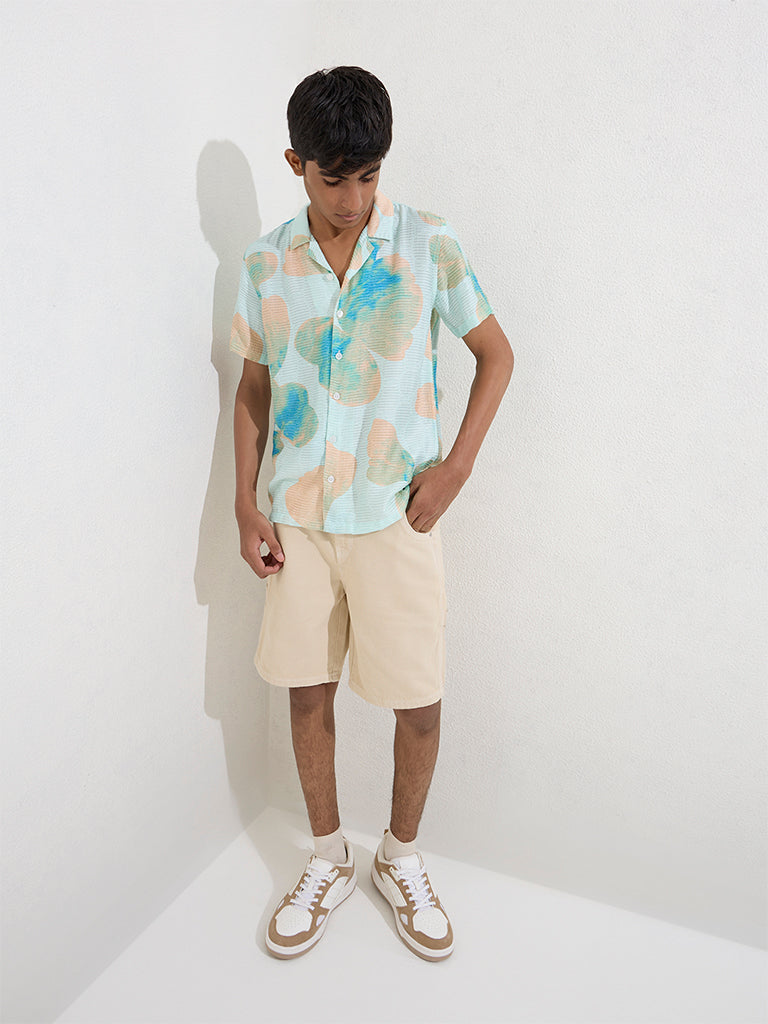 Y&F Kids Blue Floral Design Resort-Fit Shirt