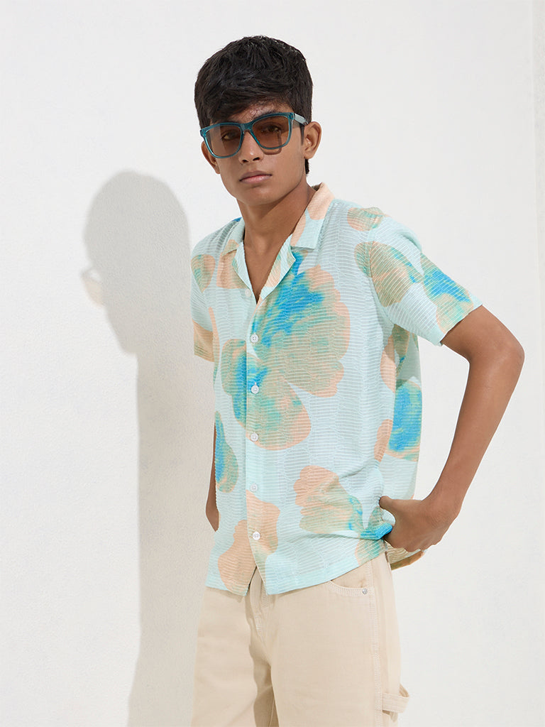 Y&F Kids Blue Floral Design Resort-Fit Shirt