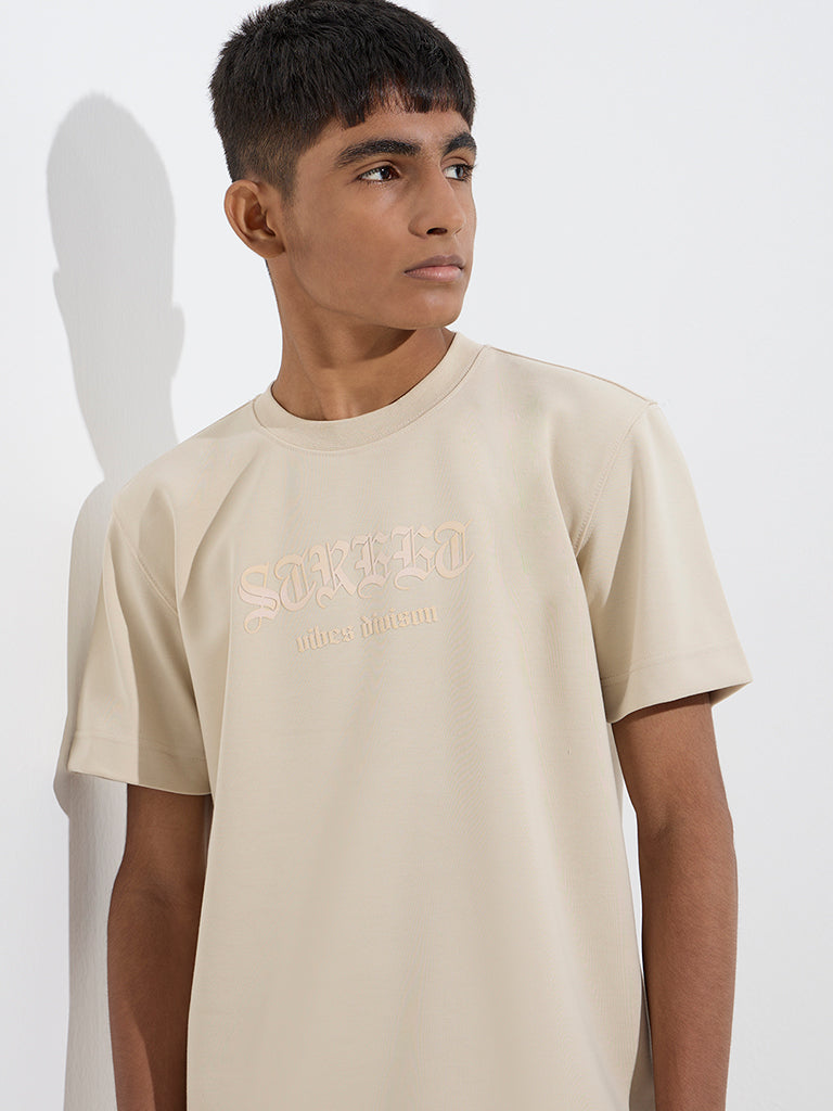 Y&F Kids Beige Text Design T-Shirt