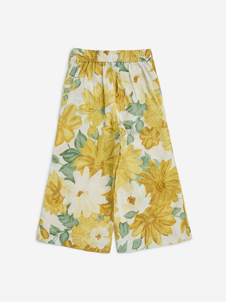 Utsa Kids Yellow Floral Printed Cotton-Blend Palazzos - (2-8yrs)