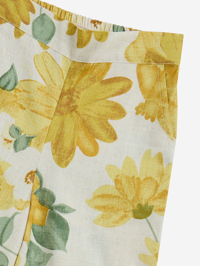 Utsa Kids Yellow Floral Printed Cotton-Blend Palazzos - (2-8yrs)