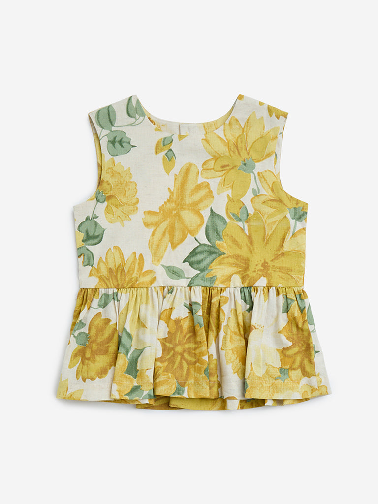 Utsa Kids Yellow Floral Pattern Peplum Cotton-Blend Top - (2-8yrs)