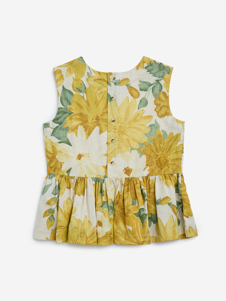 Utsa Kids Yellow Floral Pattern Peplum Cotton-Blend Top - (2-8yrs)