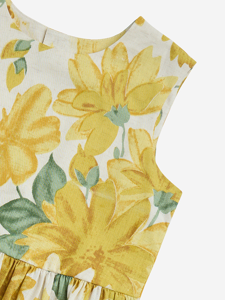 Utsa Kids Yellow Floral Pattern Peplum Cotton-Blend Top - (2-8yrs)