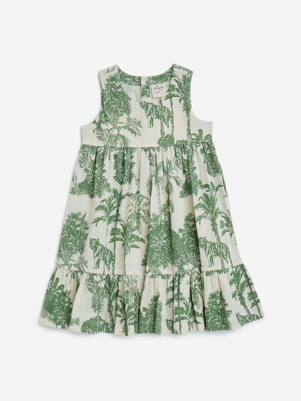 Utsa Kids Green Nature-Inspired Tiered Cotton-Blend Dress - (2-8yrs)