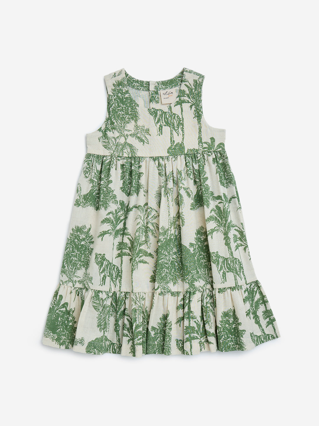 Utsa Kids Green Nature-Inspired Tiered Cotton-Blend Dress - (2-8yrs)