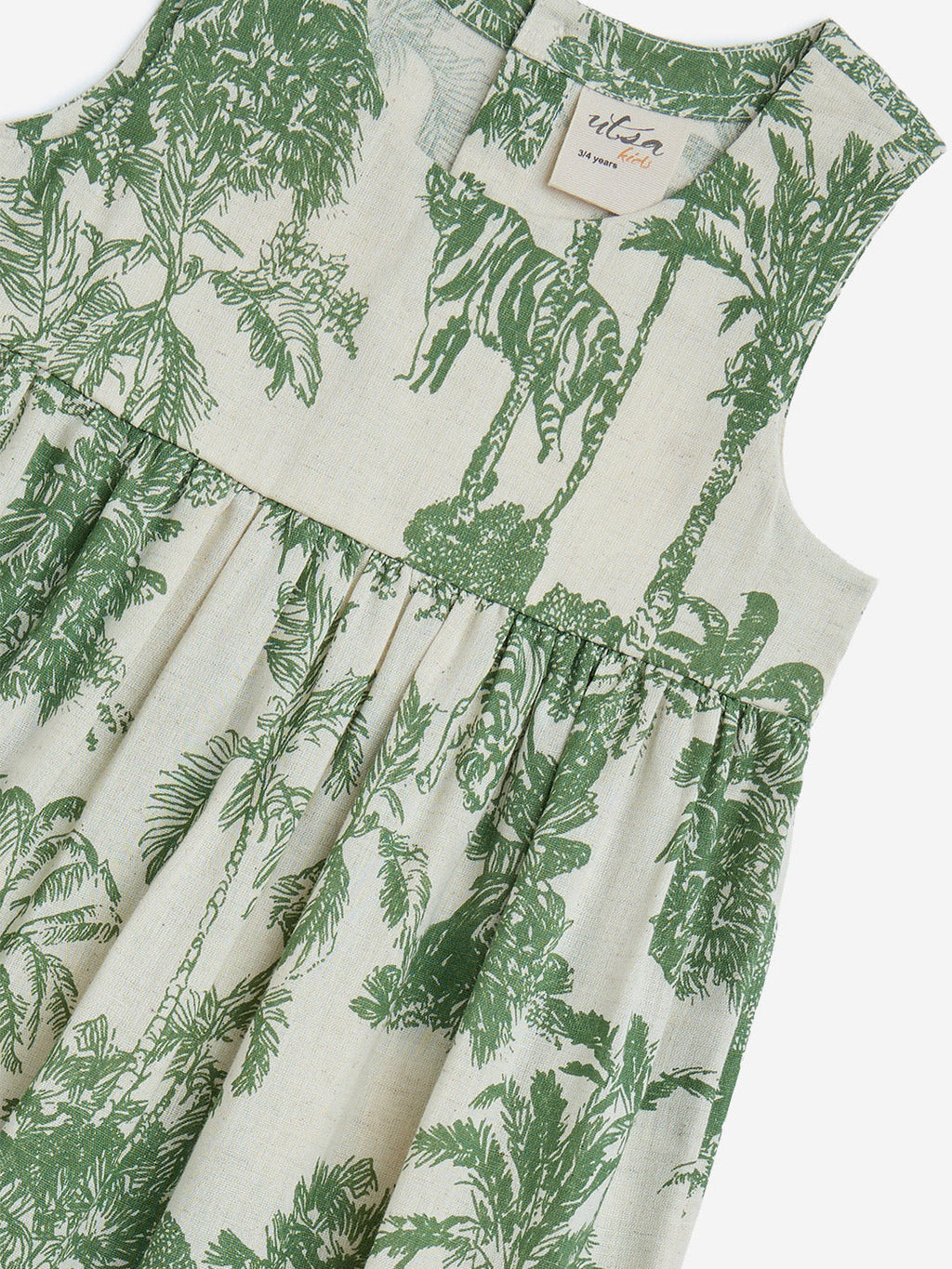 Utsa Kids Green Nature-Inspired Tiered Cotton-Blend Dress - (2-8yrs)