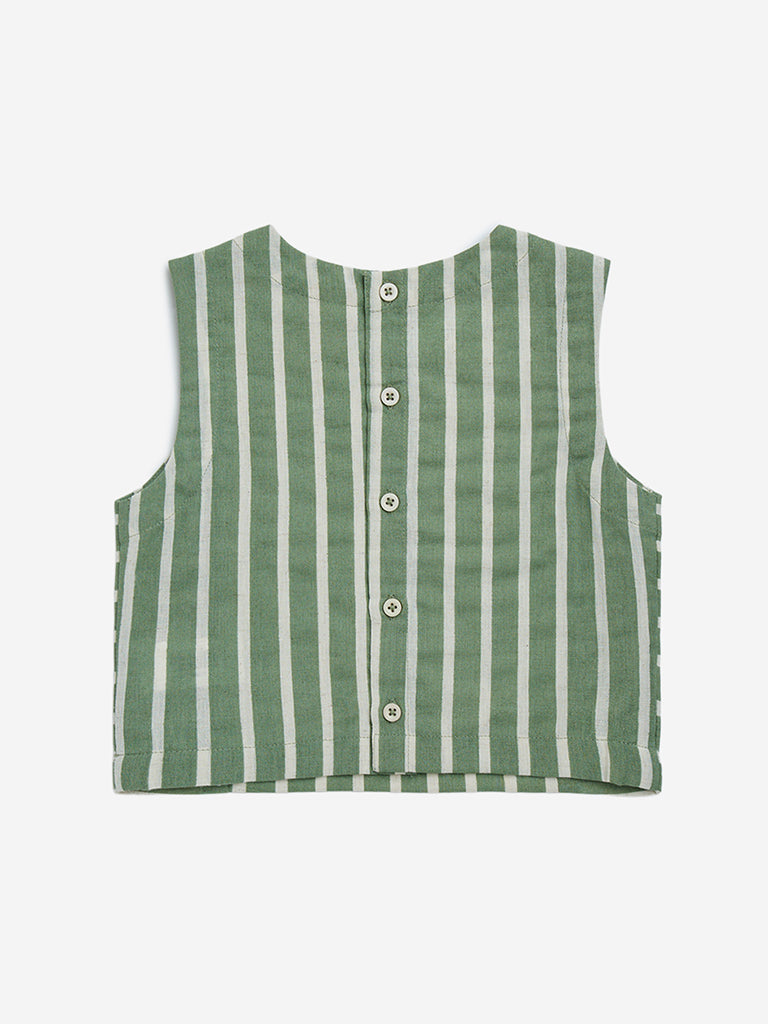Utsa Kids Green Stripe Printed Cotton-Blend Ethnic Top - (2-8yrs)