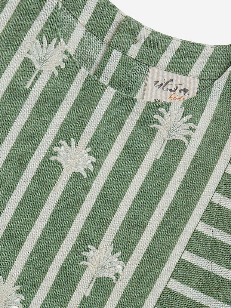 Utsa Kids Green Stripe Printed Cotton-Blend Ethnic Top - (2-8yrs)