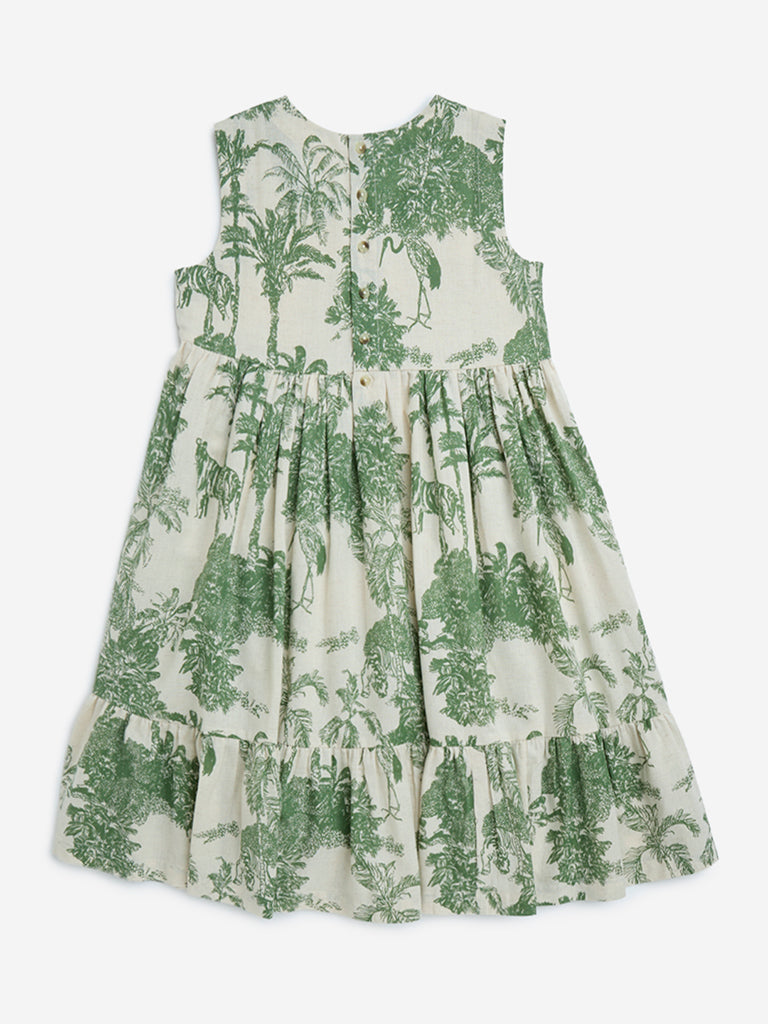 Utsa Kids Green Nature-Inspired Tiered Cotton-Blend Dress - (8-14yrs)
