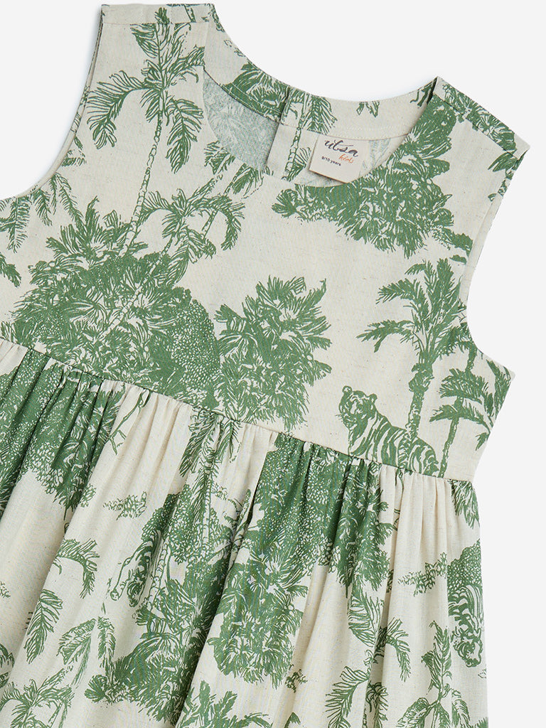 Utsa Kids Green Nature-Inspired Tiered Cotton-Blend Dress - (8-14yrs)