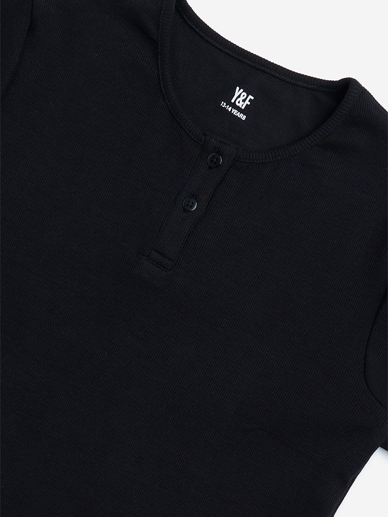 Y&F Kids Black Ribbed-Textured Cotton-Blend Top