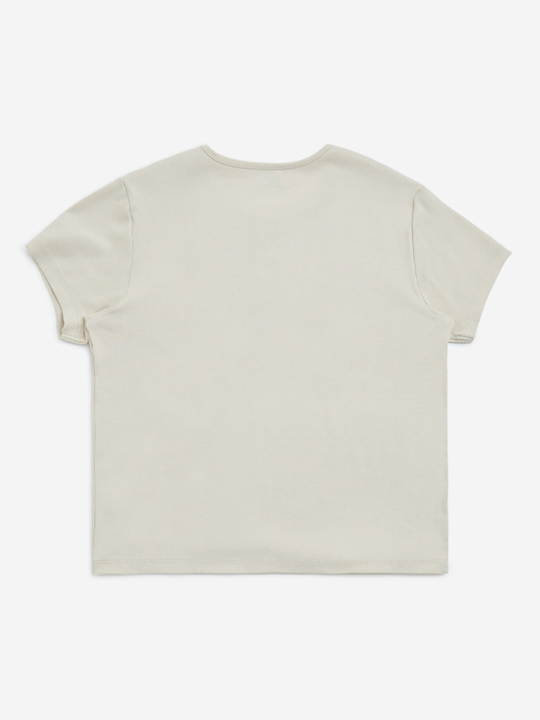 Y&F Kids Beige Ribbed Textured Cotton-Blend Top