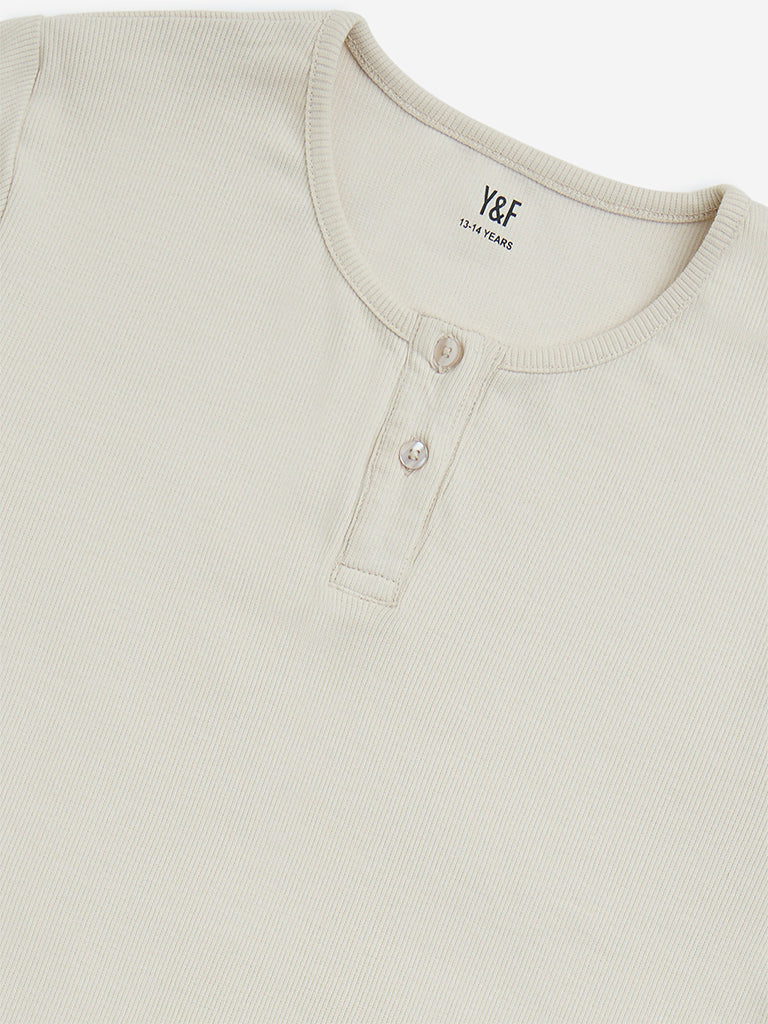 Y&F Kids Beige Ribbed Textured Cotton-Blend Top