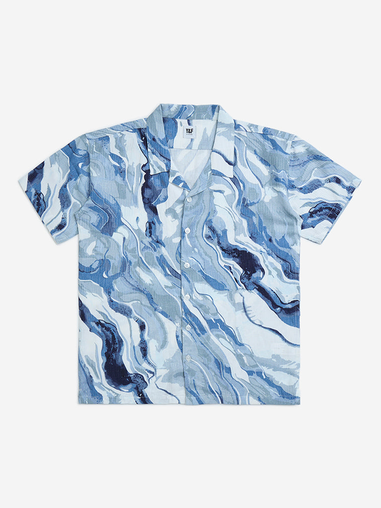 Y&F Kids Blue Marble Printed Resort-Fit Shirt