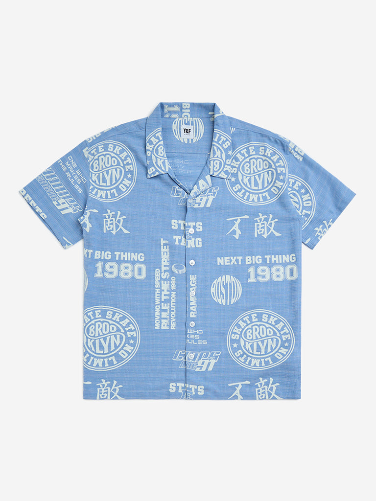 Y&F Kids Blue Text Pattern Resort-Fit Shirt