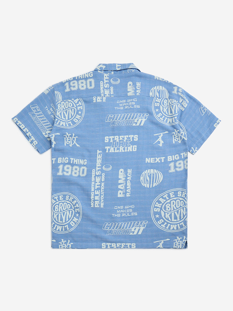 Y&F Kids Blue Text Pattern Resort-Fit Shirt