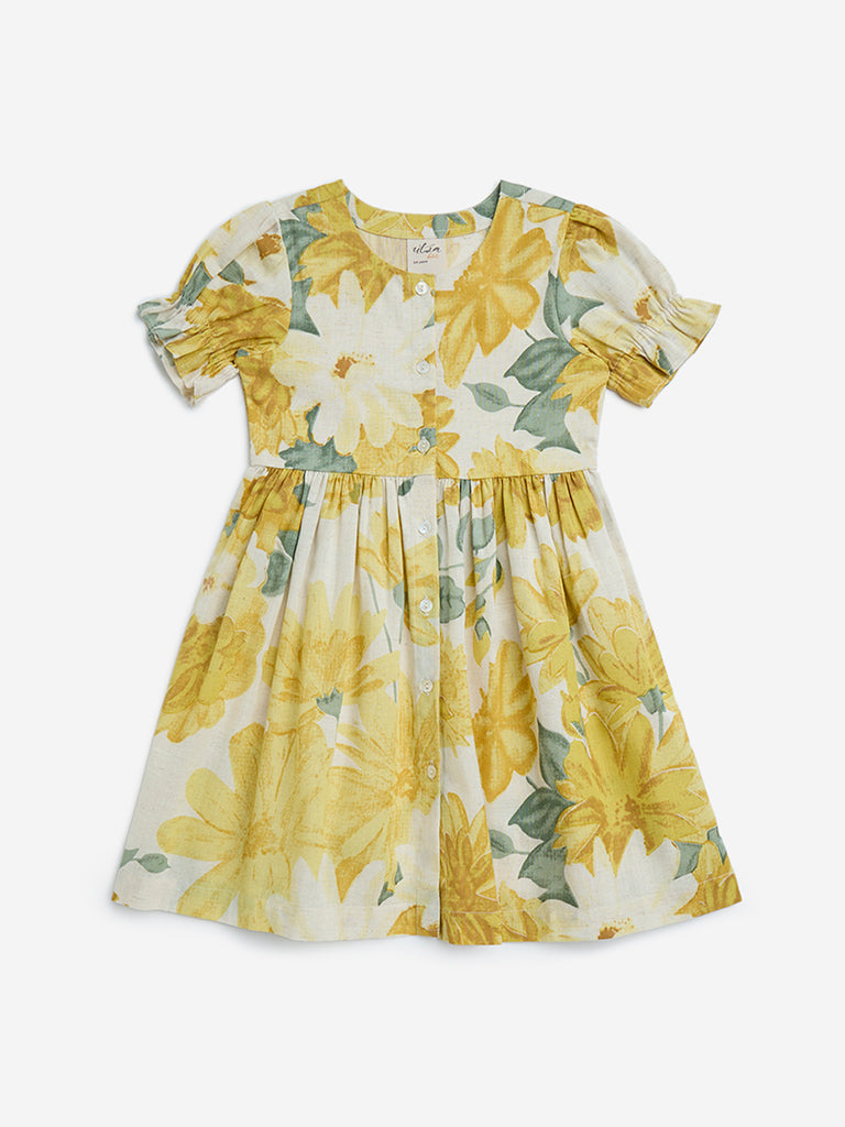 Utsa Kids Yellow Floral Design A-Line Cotton-Blend Dress (2-8 Years)