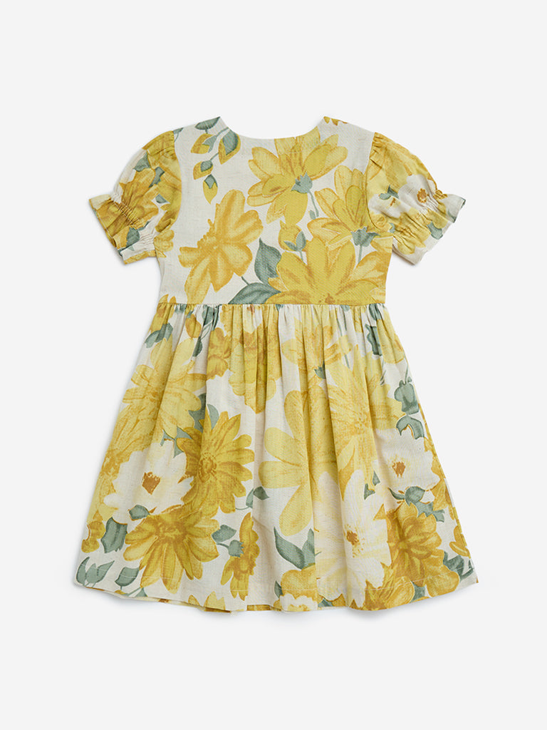 Utsa Kids Yellow Floral Design A-Line Cotton-Blend Dress (2-8 Years)