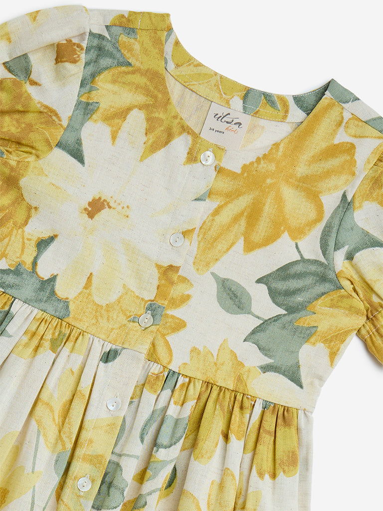 Utsa Kids Yellow Floral Design A-Line Cotton-Blend Dress (2-8 Years)