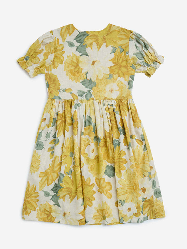 Utsa Kids Yellow Floral Design A-Line Cotton-Blend Dress - (8-14yrs)