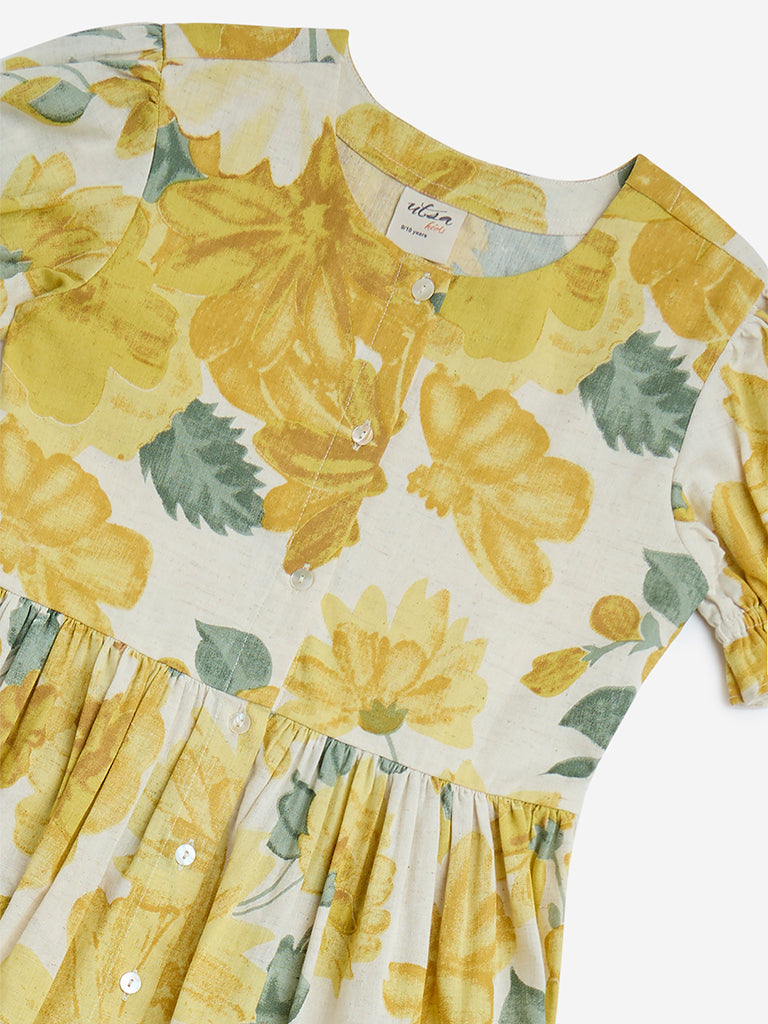 Utsa Kids Yellow Floral Design A-Line Cotton-Blend Dress - (8-14yrs)