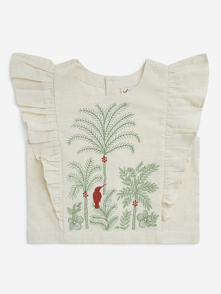 Utsa Kids Off-White Tropical-Inspired Cotton-Blend Ethnic Top - (8-14yrs)