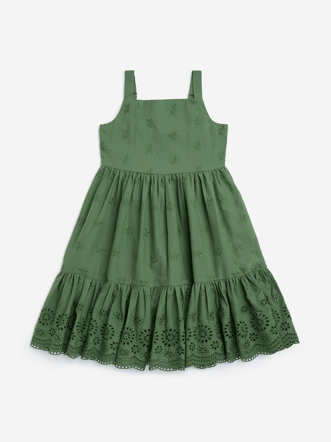 Utsa Kids Olive Schiffli Detailed Tiered Cotton Dress - (2-8yrs)