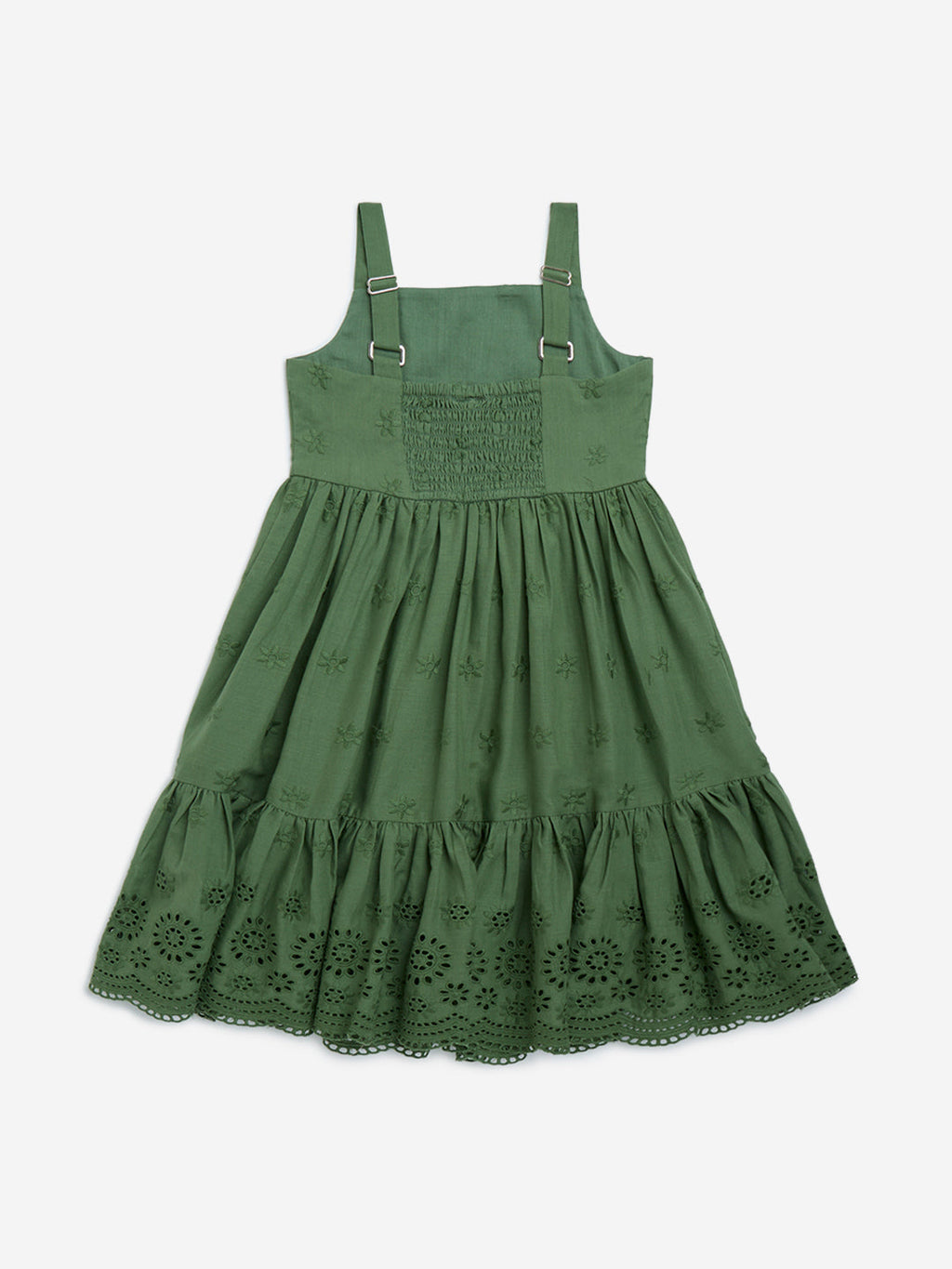 Utsa Kids Olive Schiffli Detailed Tiered Cotton Dress - (2-8yrs)