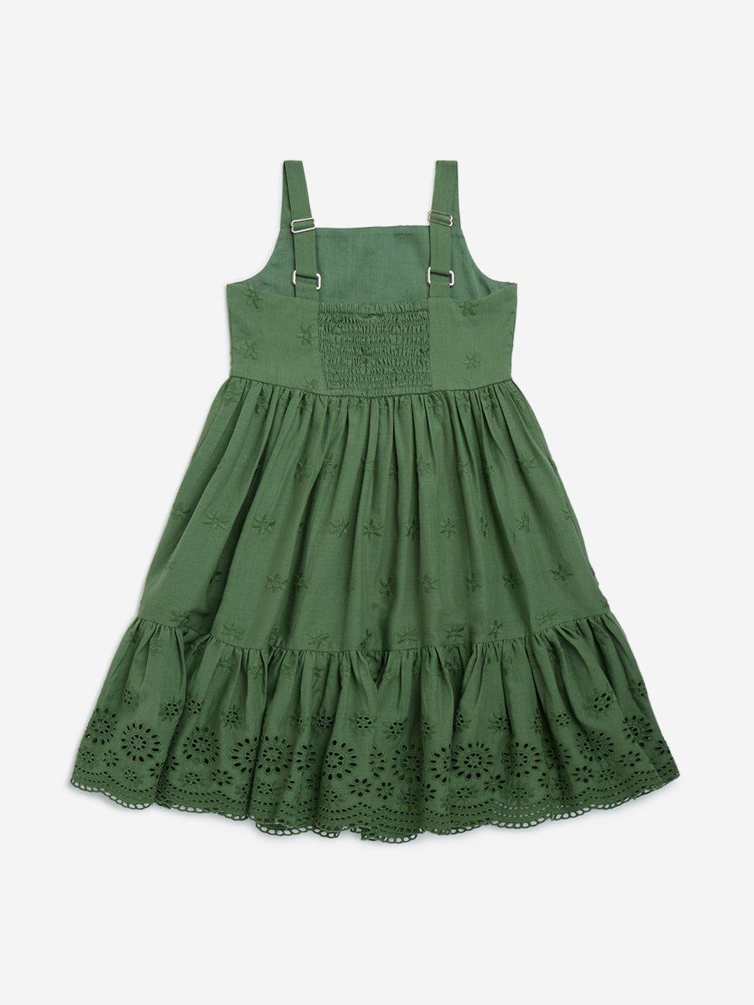 Utsa Kids Olive Schiffli Detailed Tiered Cotton Dress - (2-8yrs)