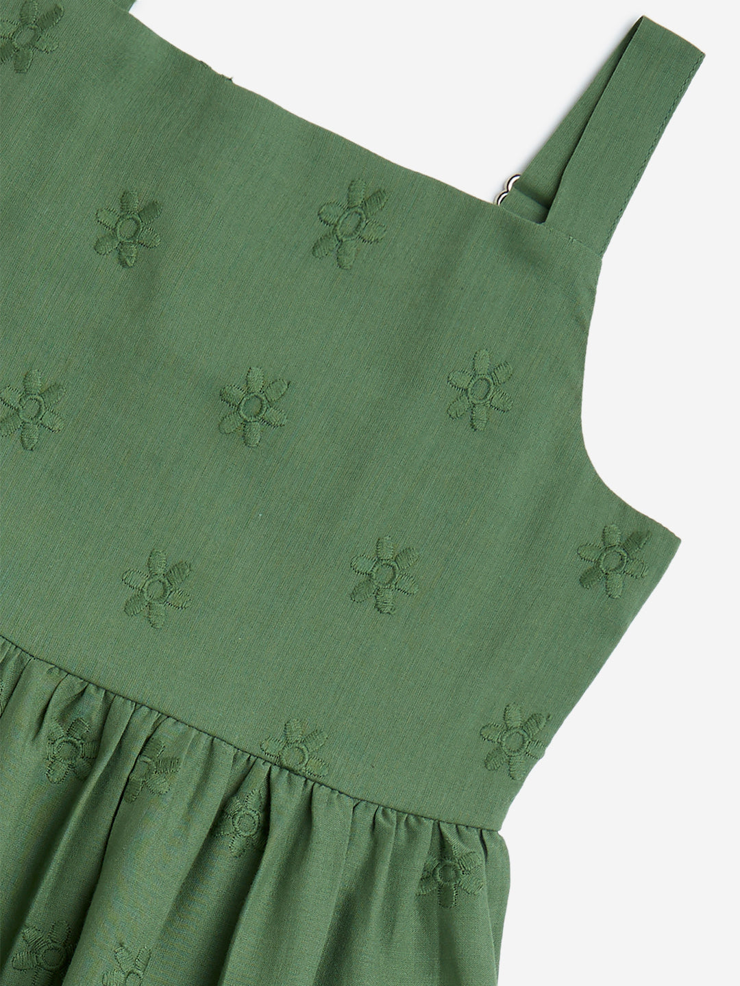 Utsa Kids Olive Schiffli Detailed Tiered Cotton Dress - (2-8yrs)