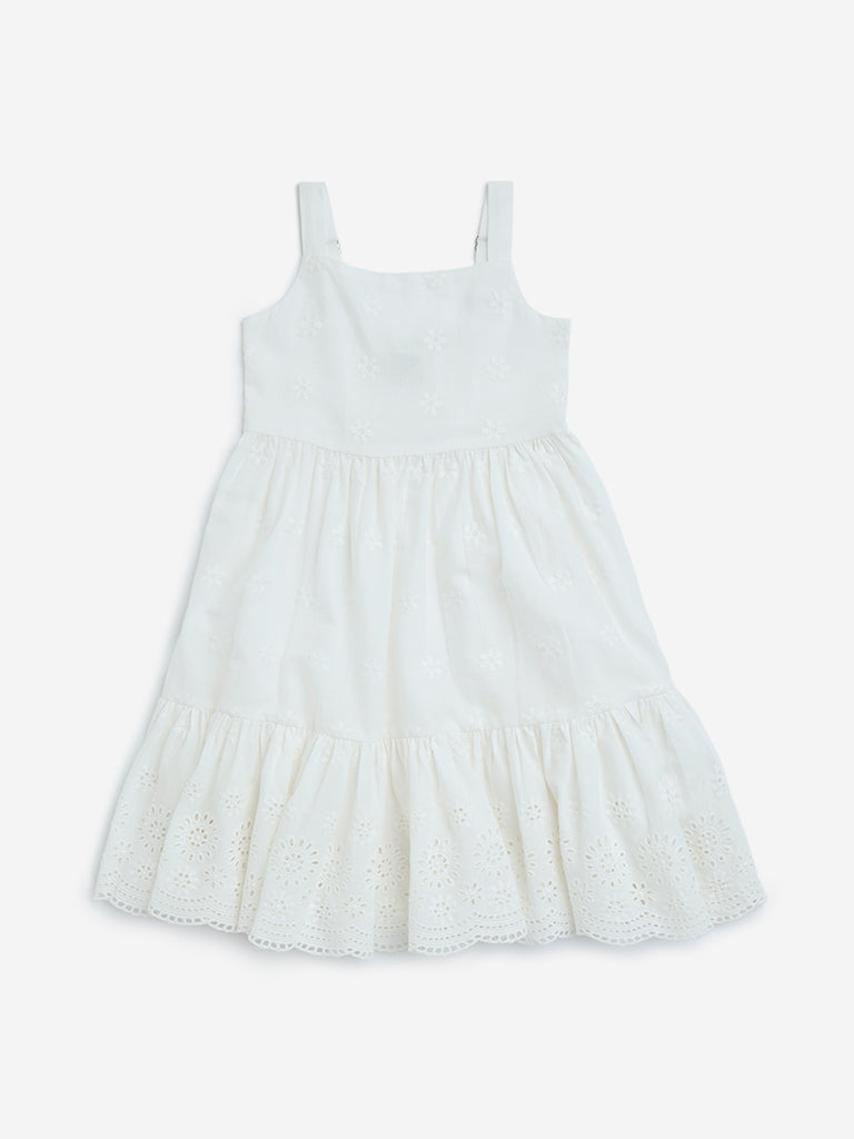 Utsa Kids White Schiffli Detailed Cotton Tiered Dress - (2-8yrs)