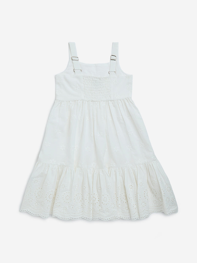 Utsa Kids White Schiffli Detailed Cotton Tiered Dress - (2-8yrs)