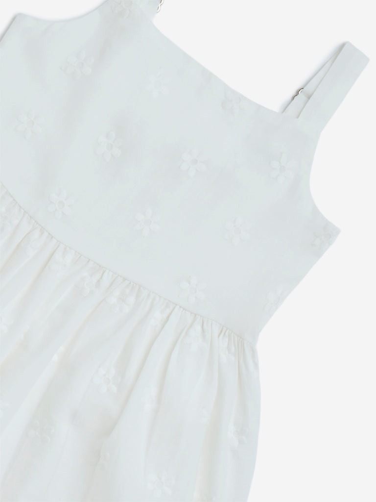 Utsa Kids White Schiffli Detailed Cotton Tiered Dress - (2-8yrs)