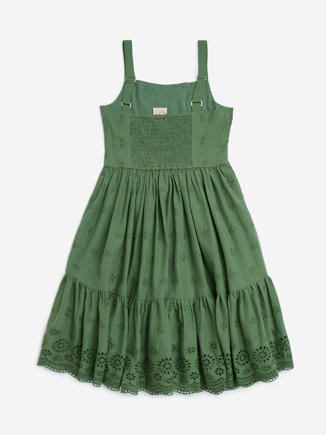Utsa Kids Olive Schiffli Detailed Tiered Cotton Dress - (8-14yrs)