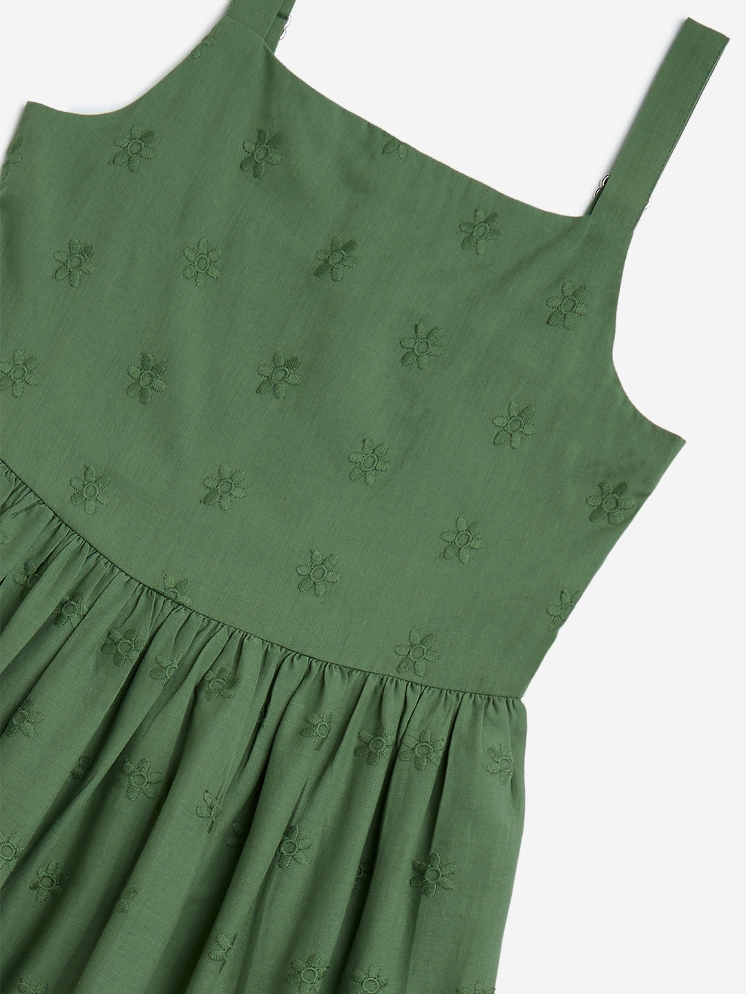 Utsa Kids Olive Schiffli Detailed Tiered Cotton Dress - (8-14yrs)