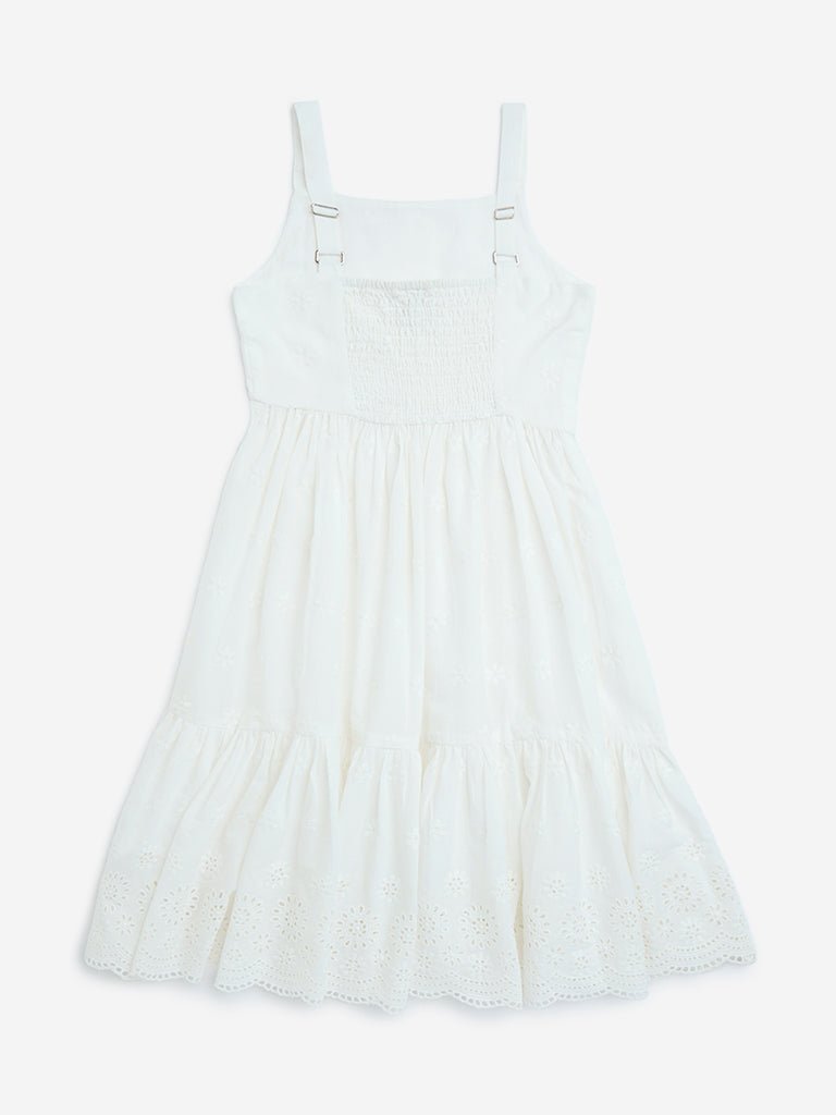 Utsa Kids White Schiffli Detailed Cotton Tiered Dress - (8-14yrs)