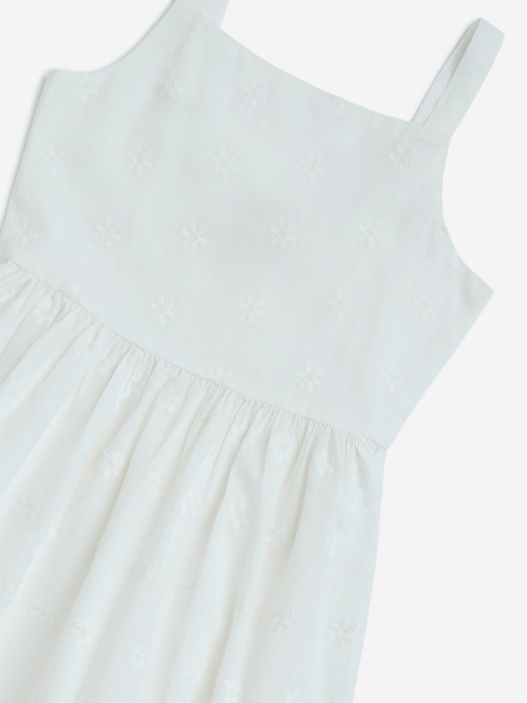 Utsa Kids White Schiffli Detailed Cotton Tiered Dress - (8-14yrs)