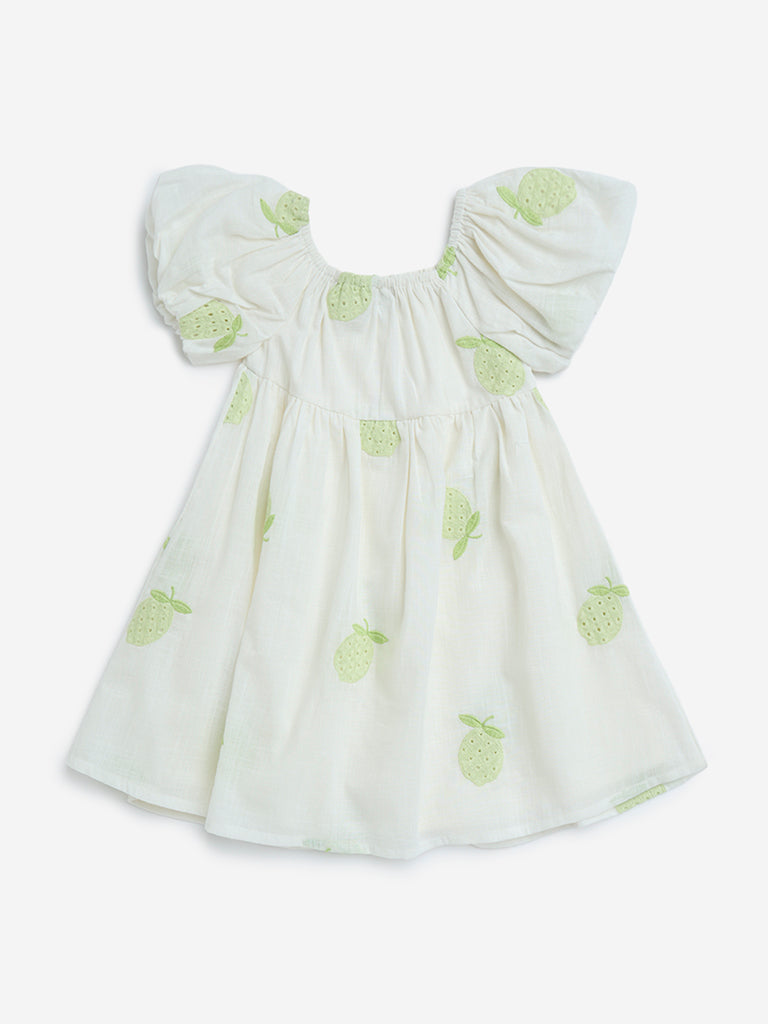 HOP Kids Off-White Fruit Detailed A-Line Cotton Dress