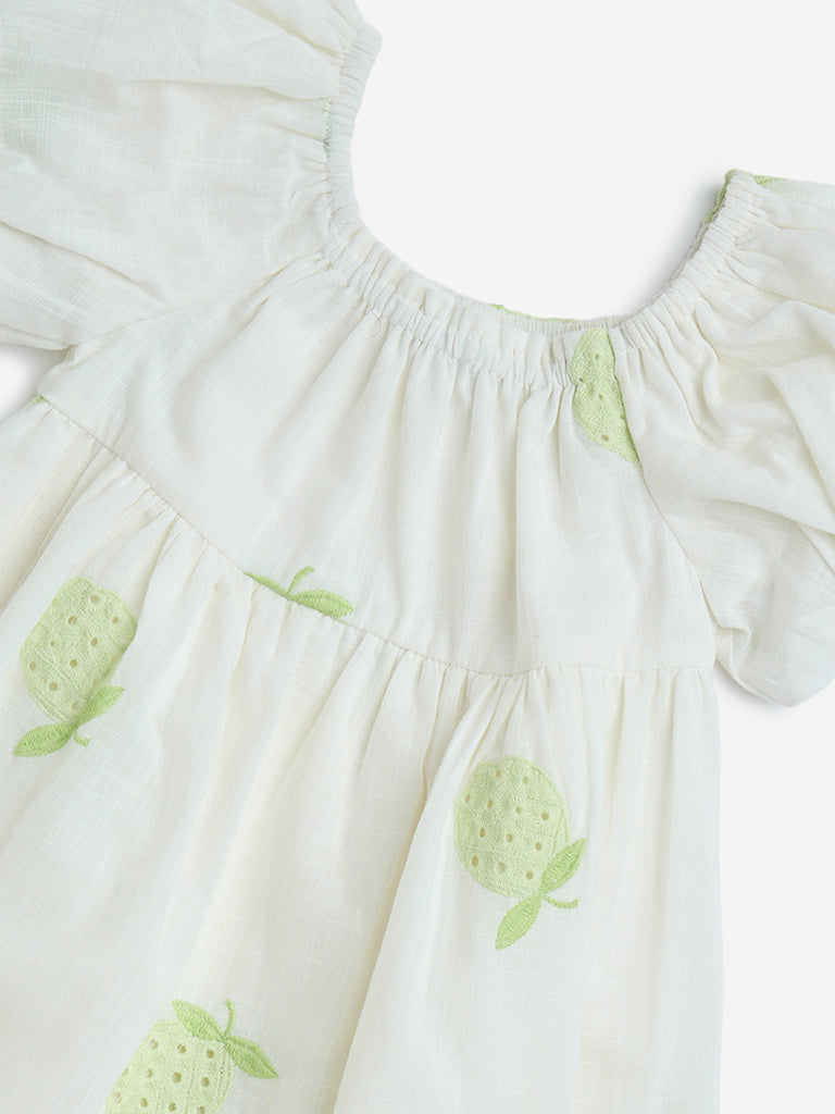 HOP Kids Off-White Fruit Detailed A-Line Cotton Dress