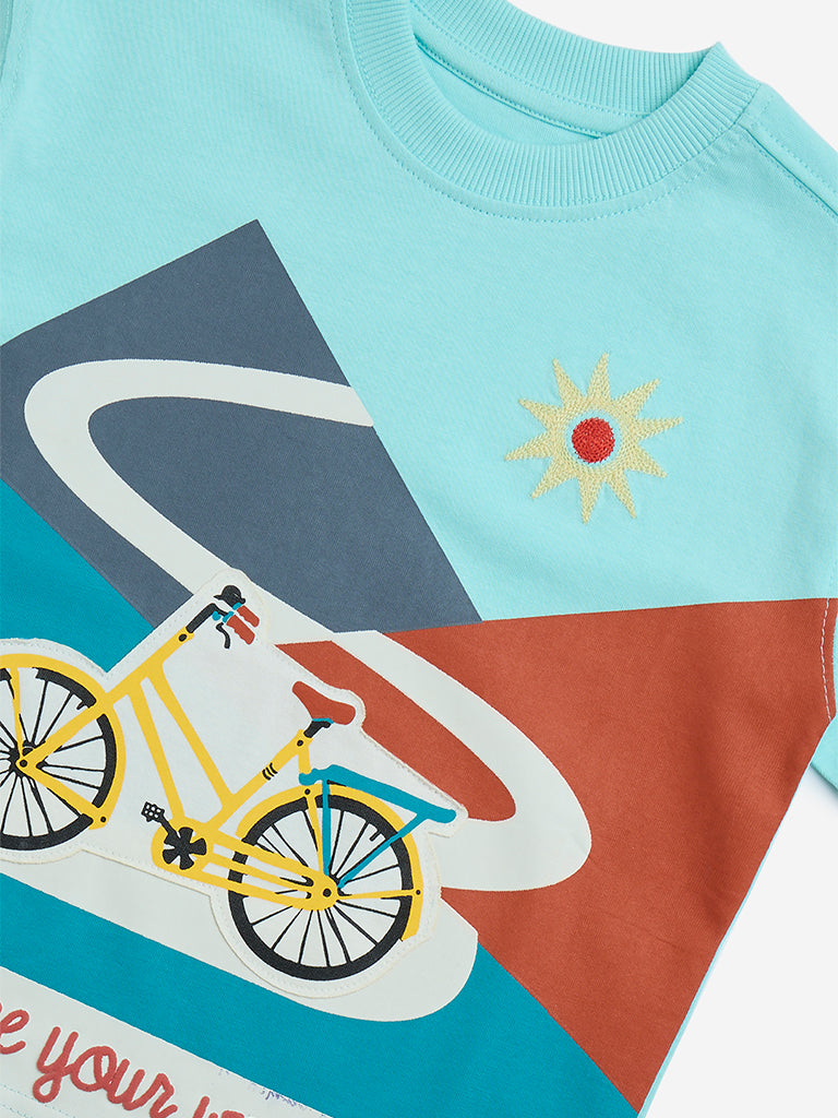 HOP Kids Aqua Printed Cotton T-Shirt