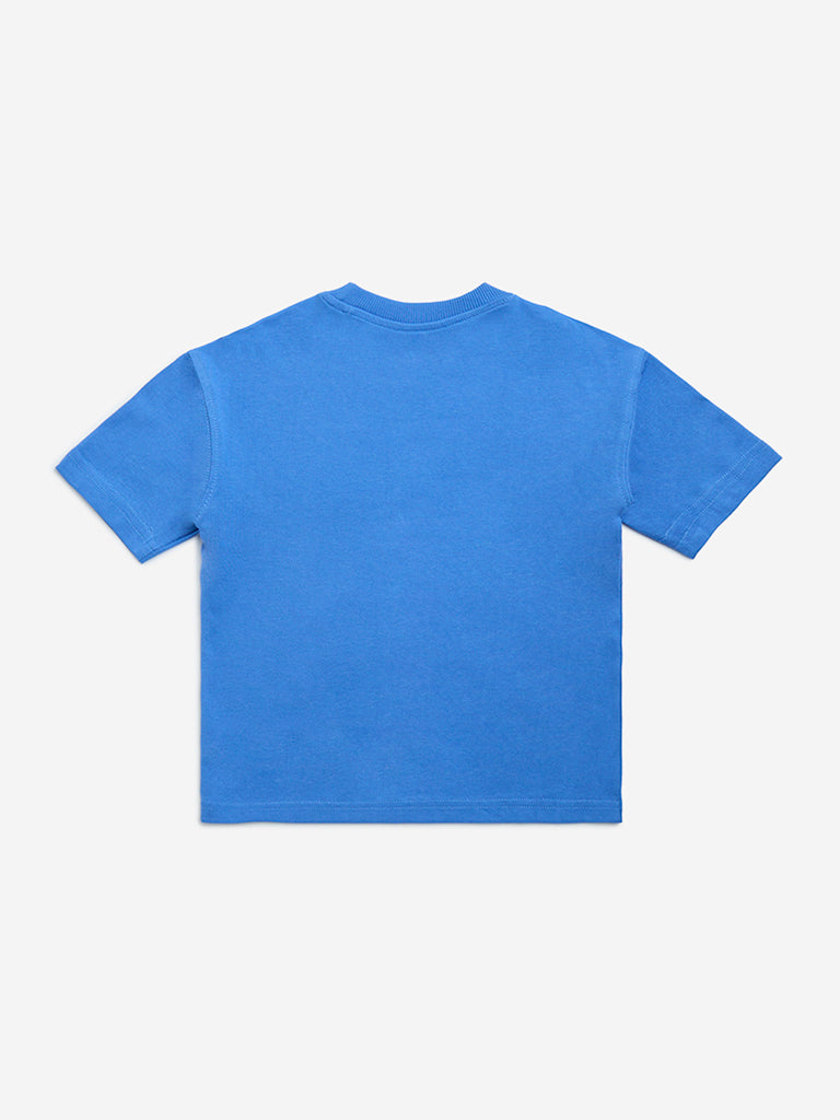 HOP Kids Blue Printed Cotton T-Shirt