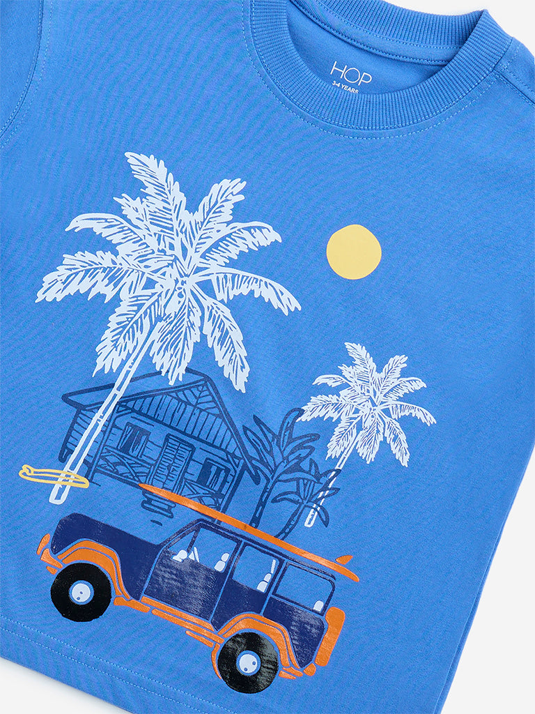 HOP Kids Blue Printed Cotton T-Shirt