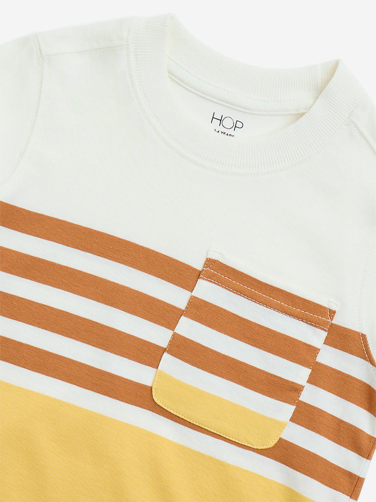 HOP Kids Yellow Stripe Printed Cotton T-Shirt