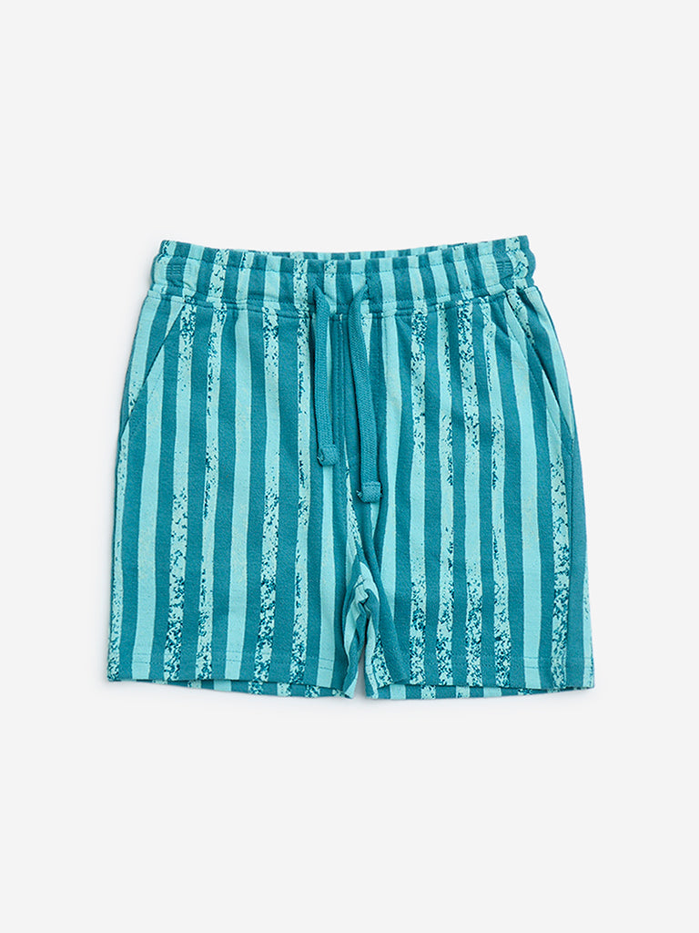 HOP Kids Teal Striped Mid-Rise Cotton Shorts
