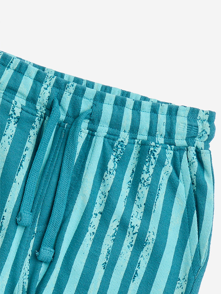 HOP Kids Teal Striped Mid-Rise Cotton Shorts