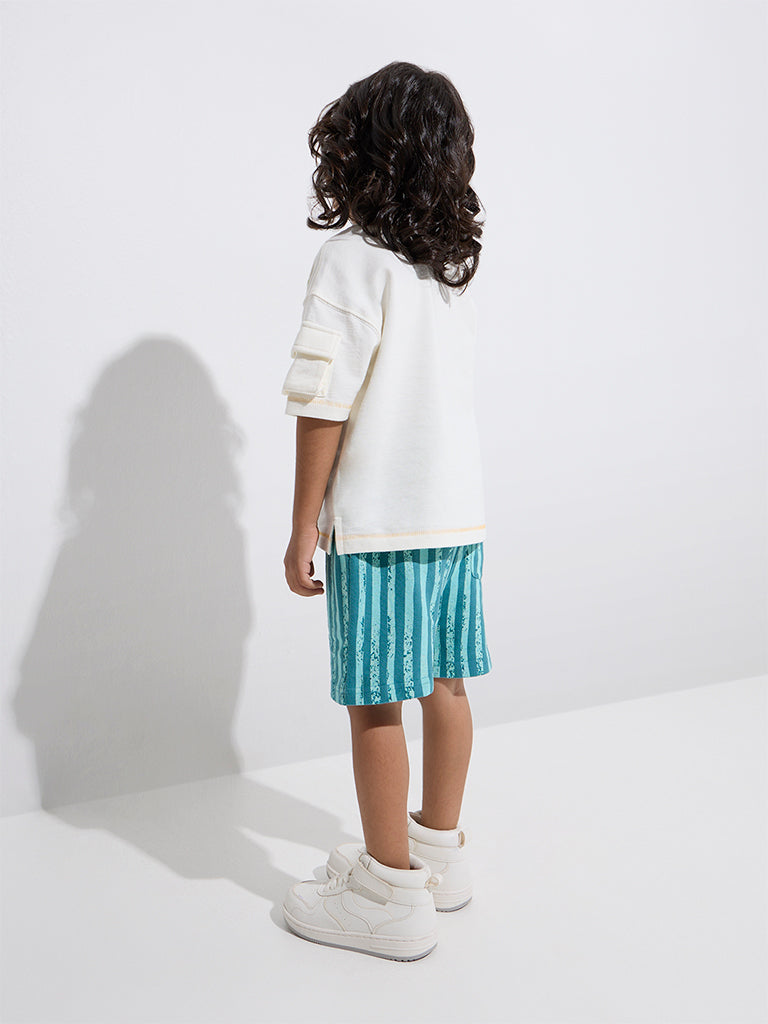HOP Kids Teal Striped Mid-Rise Cotton Shorts