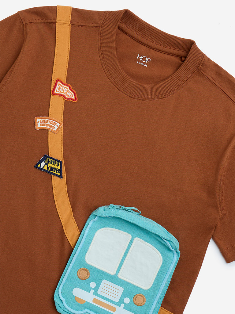 HOP Kids Brown Pouch-Detailed Cotton T-Shirt