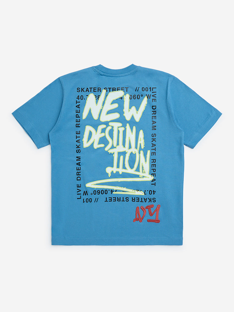 Y&F Kids Blue Typographic Cotton T-Shirt